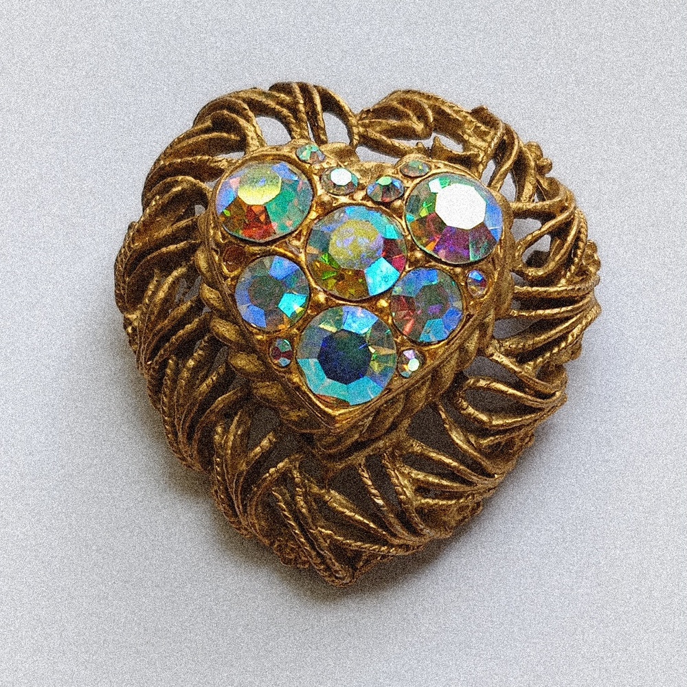 Vintage Aurora Borealis Gold Heart Brooch Signed by CRAFT